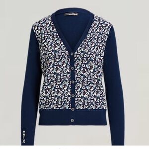 RLX Ralph Lauren Women's Golf French Navy Floral Cardigan Sweater Sz Large